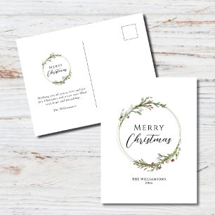 Merry Christmas Minimal Watercolor Wreath Holiday Postcard