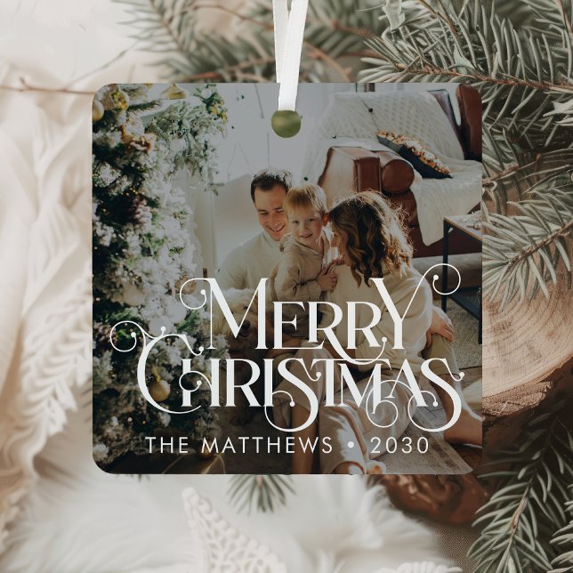 Merry Christmas Minimalist Fun Typography Photo Metal Ornament (Creator Uploaded)