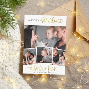Merry Christmas   Minimalist Gold 4 Photo Collage Holiday Card