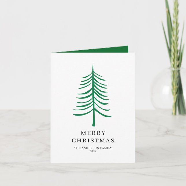 Merry Christmas Minimalist Green Modern Tree  Holiday Card (Front)