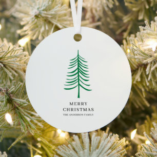 Merry Christmas Minimalist Green Modern Tree Metal Ornament