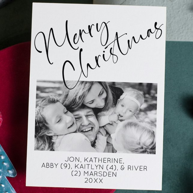 Merry Christmas Minimalist Holiday One Photo Card  (elegant script minimalist "merry christmas" card one photo black and white family update newsletter)