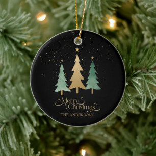 Merry Christmas Minimalist Pine Trees Black Ceramic Ornament