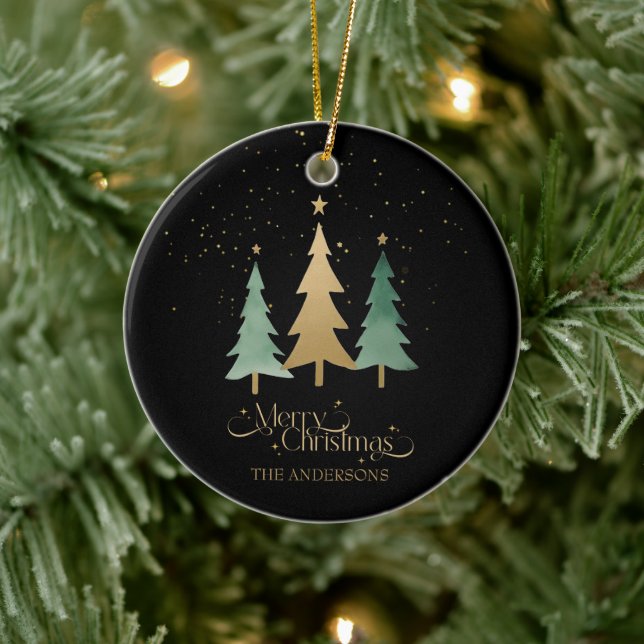 Merry Christmas Minimalist Pine Trees Black Ceramic Ornament (Tree)