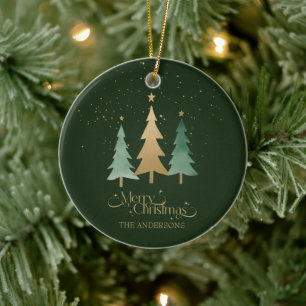 Merry Christmas Minimalist Pine Trees Green Ceramic Ornament