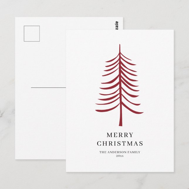 Merry Christmas Minimalist Red Modern Tree  Postcard (Front/Back)