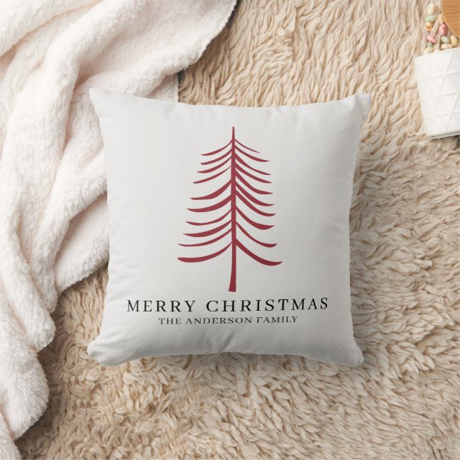 Merry Christmas Minimalist Red Modern Tree  Throw Pillow (Blanket)