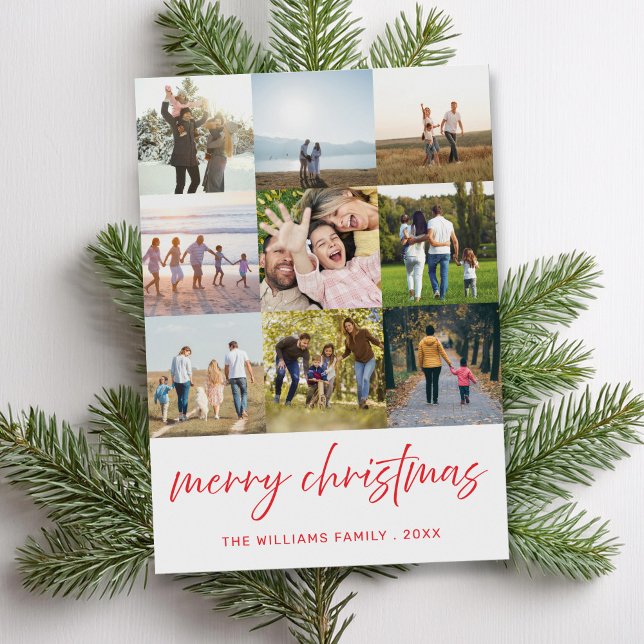 Merry Christmas Minimalist Script 9 Photo Collage Holiday Card (Creator Uploaded)