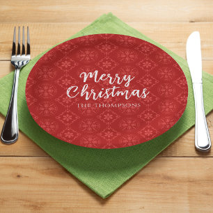Merry Christmas Minimalist Simple Snowflake Red  Paper Plate