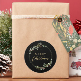 Merry Christmas Minimalist Wreath Black Classic Round Sticker