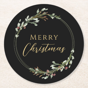 Merry Christmas Minimalist Wreath Black Round Paper Coaster