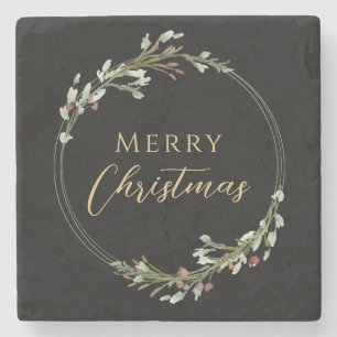 Merry Christmas Minimalist Wreath Black Stone Coaster