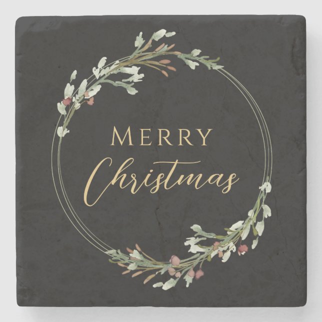 Merry Christmas Minimalist Wreath Black Stone Coaster (Front)