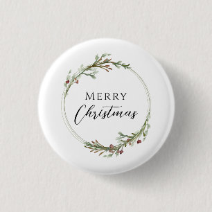 Merry Christmas Minimalist Wreath White 1 Inch Round Button