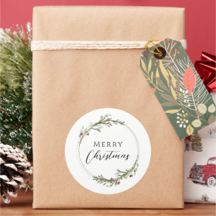 Merry Christmas Minimalist Wreath White Classic Round Sticker