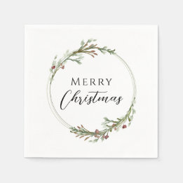 Merry Christmas Minimalist Wreath White Napkin