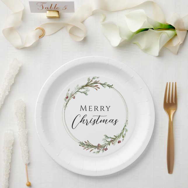 Merry Christmas Minimalist Wreath White Paper Plate (Wedding)