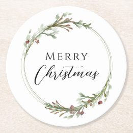 Merry Christmas Minimalist Wreath White Round Paper Coaster