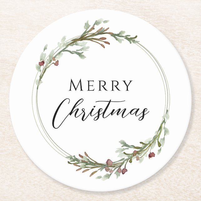 Merry Christmas Minimalist Wreath White Round Paper Coaster (Front)