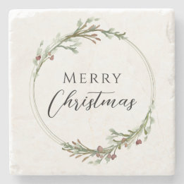 Merry Christmas Minimalist Wreath White Stone Coaster