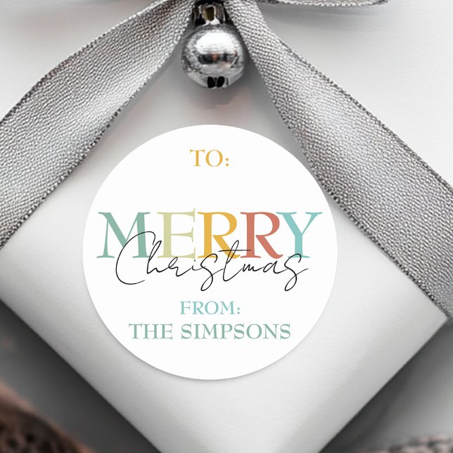 Merry Christmas Minimalistic To From Gift Simple  Classic Round Sticker (Creator Uploaded)