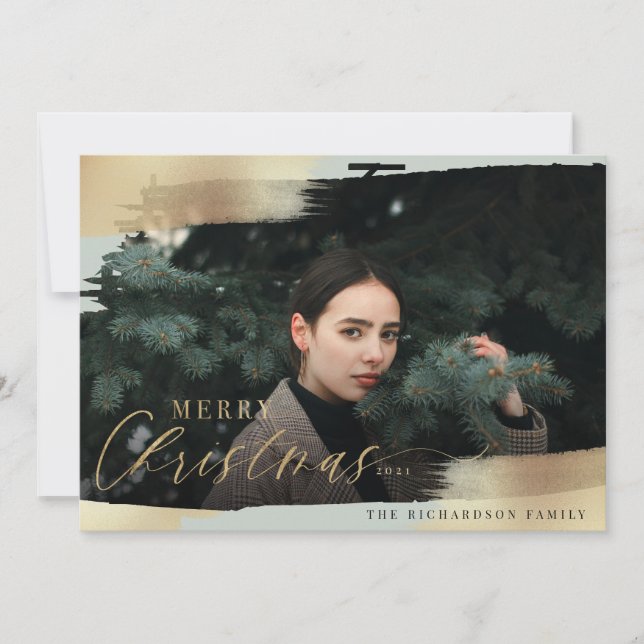 Merry Christmas Mint Green & Gold Foil Brush Photo Holiday Card (Front)