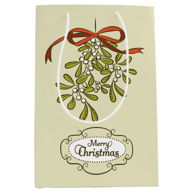 Merry Christmas Mistletoe Calligraphy Green Medium Gift Bag (Front)