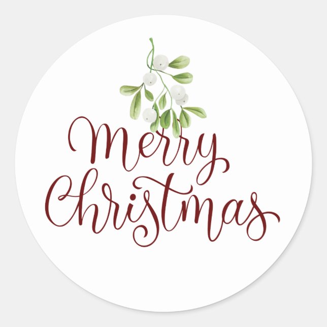 Merry Christmas Mistletoe Elegant Script Classic Round Sticker (Front)