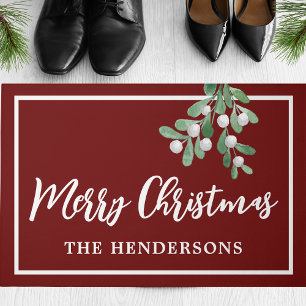 Merry Christmas Mistletoe Maroon Welcome Doormat