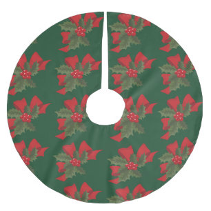 Merry Christmas Mistletoe Red Flower Brushed Polyester Tree Skirt