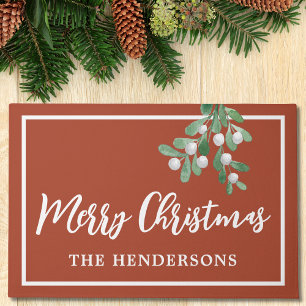 Merry Christmas Mistletoe Rust Welcome Doormat
