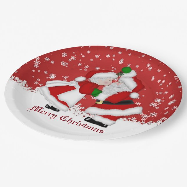 Merry Christmas Mistletoe Santa Paper Plates (Angled)