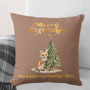 Merry Christmas mocha gold cute fox Throw Pillow