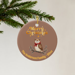 Merry Christmas mocha gold cute owl Ceramic Ornament