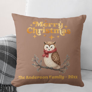Merry Christmas mocha gold cute owl Throw Pillow