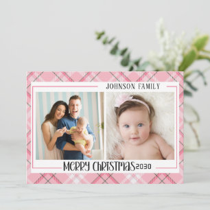 Merry Christmas modern 3 family photo pink plaid Holiday Card