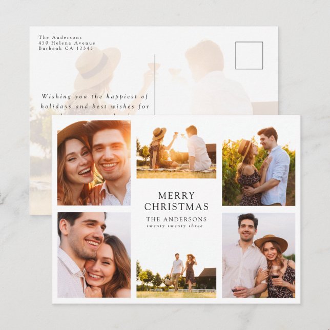 Merry Christmas Modern 6 Photo Collage  Holiday Postcard (Front/Back)