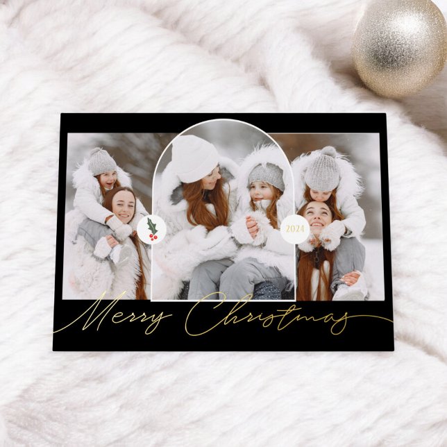 Merry Christmas modern arch 3 photos black script Foil Holiday Card (Merry Christmas modern arch 3 photos black script Foil Holiday Card)