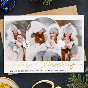 Merry Christmas modern arch 3 photos red script Foil Holiday Card