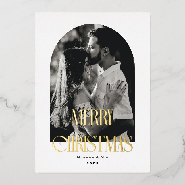 Merry Christmas Modern Arch Foil Holiday Card (Front)