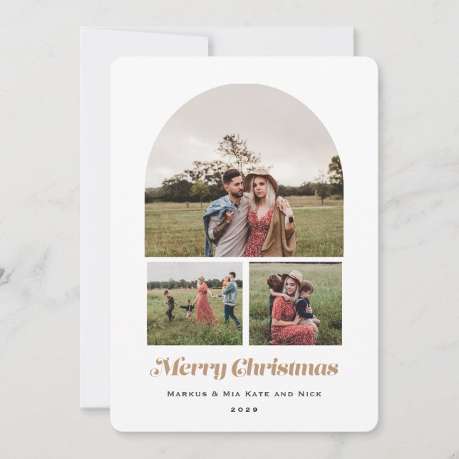 Merry Christmas Modern Arch Multi photo sand Holiday Card (Front)