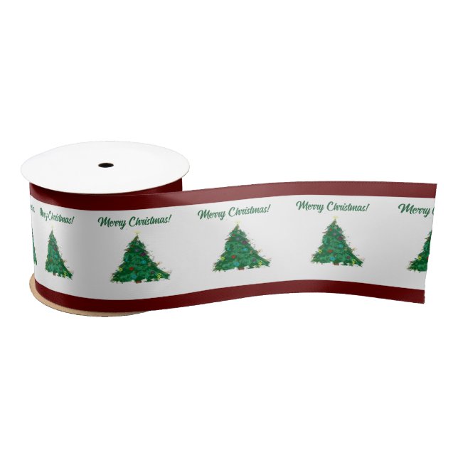 Merry Christmas Modern Art Cute Tiny Tree Satin Ribbon (Spool)