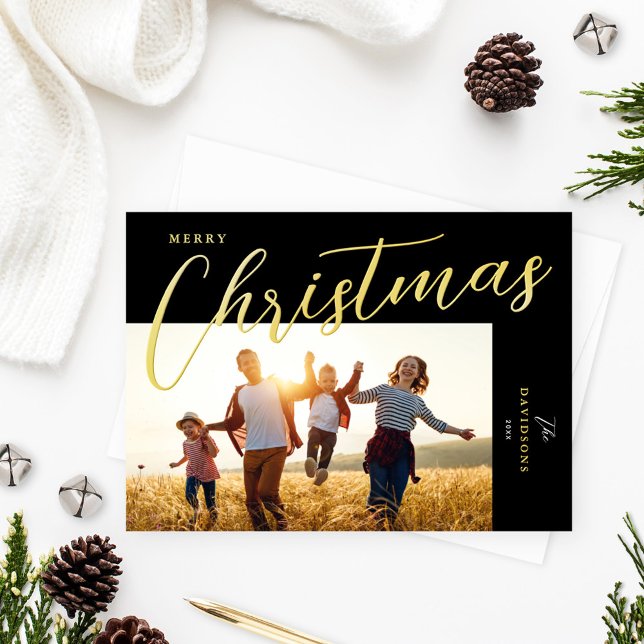 Merry Christmas Modern Black Gold Script Photo Foil Holiday Card (Creator Uploaded)