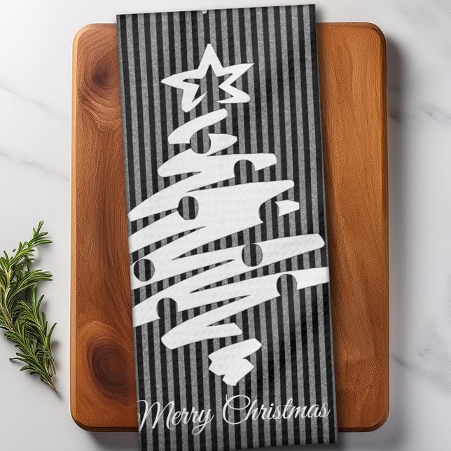 Merry Christmas Modern Black Stripe Personalized Kitchen Towel (Merry Christmas Modern Black Stripe Personalized Kitchen Towel)