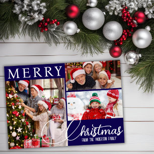 Merry Christmas Modern Blue And White Three Photo Holiday Card