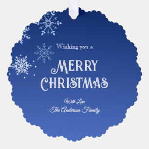 Merry Christmas Modern Blue Snowflakes Ornament Card