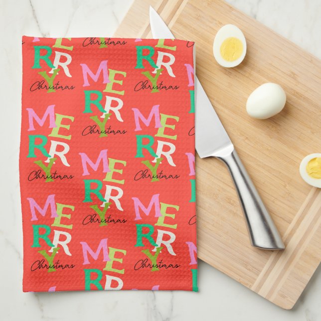 Merry Christmas Modern Bright Holiday Kitchen Towel (Quarter Fold)