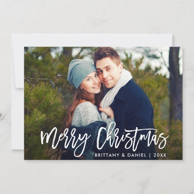 Merry Christmas Modern Brush Script Photo Card (Front)