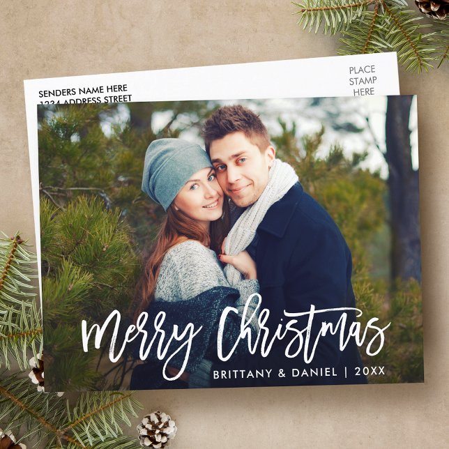 Merry Christmas Modern Brush Script Photo Postcard (Customize to change your personalized text size or text style.)