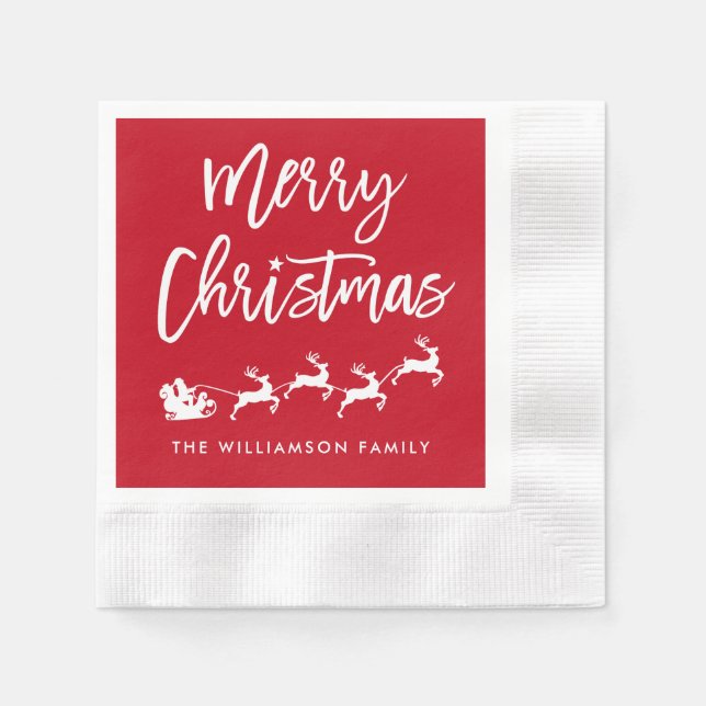 Merry Christmas Modern Brush Script Star Santa Napkin (Front)